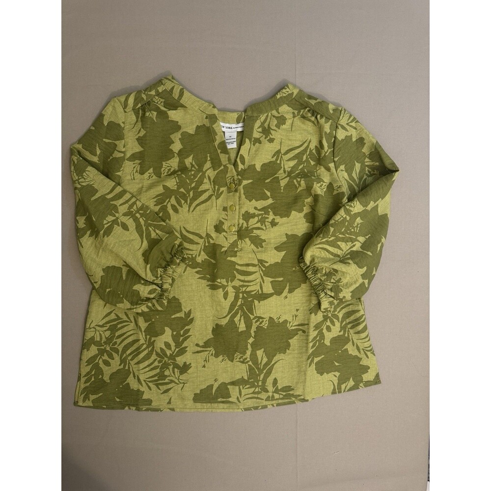New York & Company Chartreuse/Olive Green Floral Blouse Three Quarter Sleeves 1X